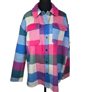 Only Women's Blue And Pink Check Shacket Size Med